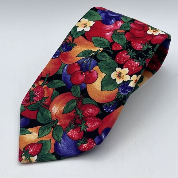 Vtg Mens Jordache Fruit Neck Tie Bright Colorful Farmer Gardening Cotton 4" - Picture 1 of 6